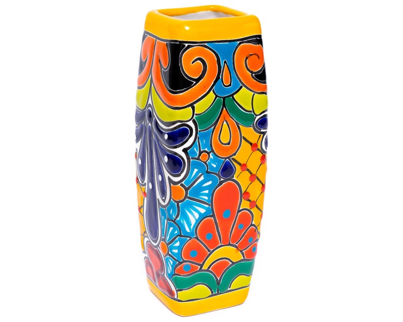 9.5 Ceramic Stem Vase, Yellow, Talavera Mexican Pottery, Hand-Painted Floral Pattern, Colorful Home Decor, Indoor/Outdoor Use image 2