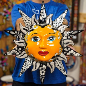 Large Sun Face Mexican Talavera Pottery Outdoor Decor Wall Art Indoor Garden Entryway Mexico Folk Art Ceramic Pottery Astrology