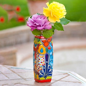 9.5" Ceramic Stem Vase, Red, Talavera Mexican Pottery, Hand-Painted Floral Pattern, Colorful Home Decor, Indoor/Outdoor Use