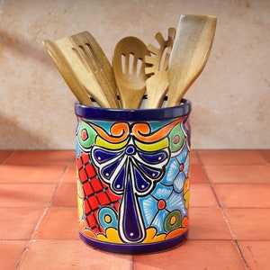 Ceramic Utensil Holder, Cobalt, Talavera Handmade Mexican Pottery, Colorful Kitchen Decor, Kitchen Organization