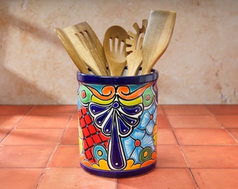 Ceramic Utensil Holder, Cobalt, Talavera Handmade Mexican Pottery, Colorful Kitchen Decor, Kitchen Organization