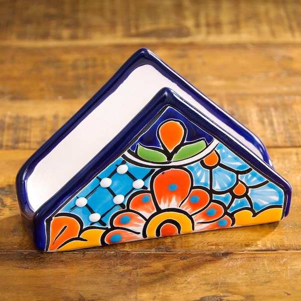 Talavera Ceramic Mexican Handpainted Napkin Holder For Dinner Set Table Decor Organizer Floral Design Cobalt