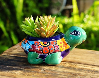 Ceramic Turtle Planter, Deep Green, Small, Flower Pot, Talavera Handmade Mexican Pottery, Whimsical Colorful Indoor/Outdoor Garden Decor
