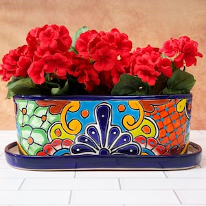 15&quot; Ceramic Planter and Drip Tray, Navy, Talavera Handmade Mexican Pottery, Colorful Spanish Moroccan Style Indoor/Outdoor