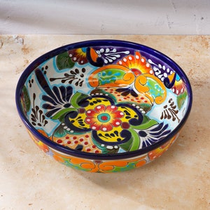 Ceramic Talavera Serving Bowl, 10.75" Wide Handmade Mexican Pottery Colorful Spanish Moroccan Style Home and Kitchen Decor Shallow Round