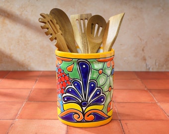 Ceramic Utensil Holder, Marigold, Talavera Handmade Mexican Pottery, Colorful Kitchen Decor, Kitchen Organization