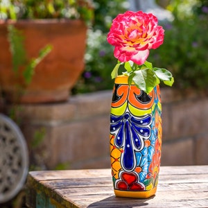 9.5 Ceramic Stem Vase, Yellow, Talavera Mexican Pottery, Hand-Painted Floral Pattern, Colorful Home Decor, Indoor/Outdoor Use image 1