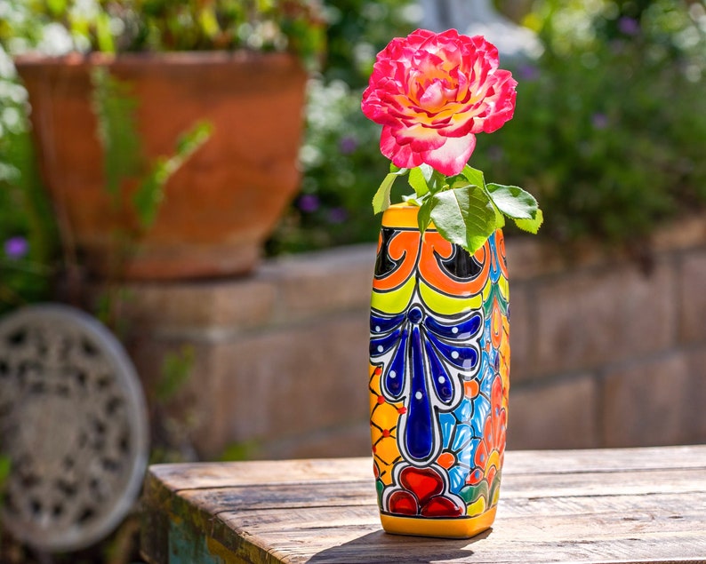 9.5 Ceramic Stem Vase, Yellow, Talavera Mexican Pottery, Hand-Painted Floral Pattern, Colorful Home Decor, Indoor/Outdoor Use image 1