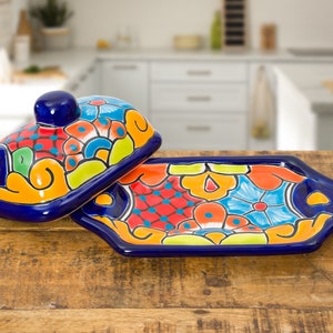 Talavera Pottery Hand Painted Ceramic Butter Dish Kitchen Butter Holder Spanish Hand Painted Floral Design Cobalt Blue Serving Plate