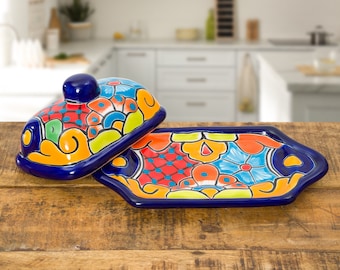 Talavera Pottery Hand Painted Ceramic Butter Dish Kitchen Butter Holder Spanish Hand Painted Floral Design Cobalt Blue Serving Plate
