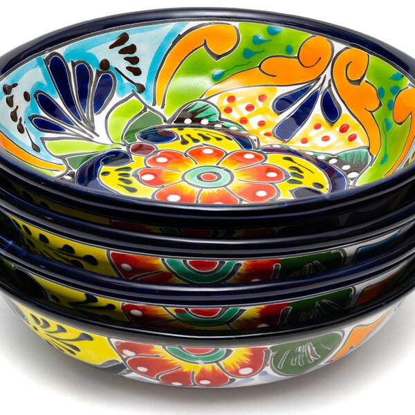 Ceramic 4 Piece Bowl Set, 7.5x2.5" Floral Pattern, Talavera Handmade Mexican Pottery, For Chips Snacks Soup or Salad, Spanish Style