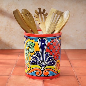 Ceramic Utensil Holder, Red, Talavera Handmade Mexican Pottery, Colorful Kitchen Decor, Kitchen Organization