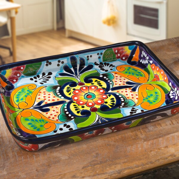 Talavera Serving Tray Dish Plate Bowl Mexican Ceramic Handmade Pottery 13"x9" Handpainted Spanish Moroccan Home Kitchen Decor Colorful