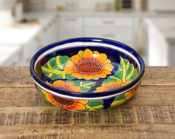 Serving Bowl Large Mexican Talavera Ceramic Pottery Sunflower Dinner Appetizer Serving Housewarming Gift Thanksgiving Christmas
