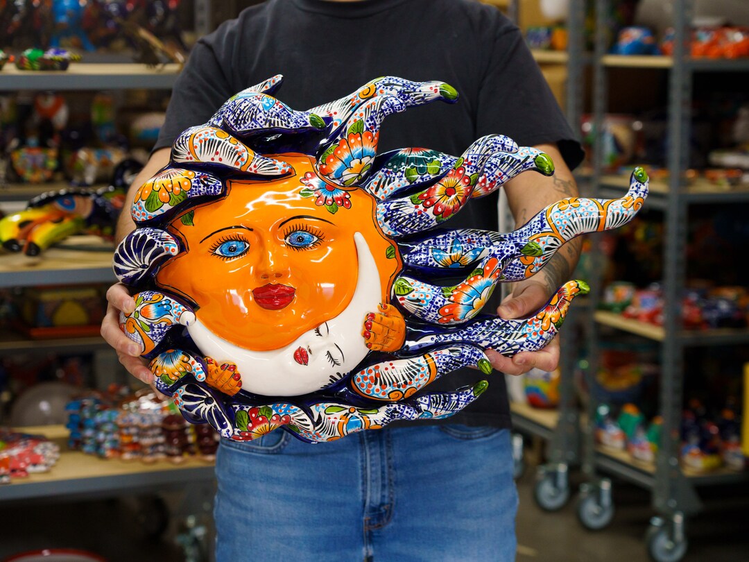 Mexican Talavera Pottery Wall Art Sun Face Star Moon Ceramic Folk