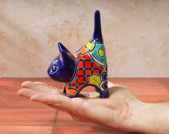 Ceramic Cat Ring Holder Talavera Mexican Pottery Kitten Statue Cat Figurine Gift for Cat Lovers Jewelry Organizer Ring Tray Jewelry Box