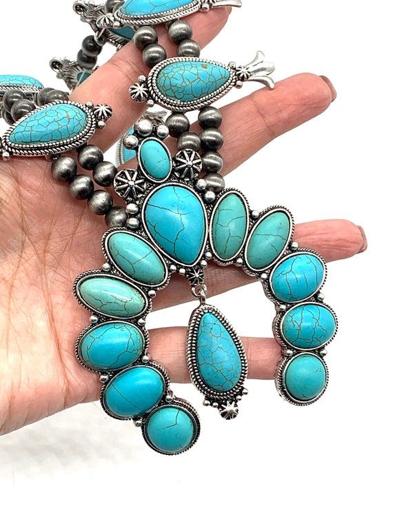 Handmade Navajo Inspired Southwestern Turquoise Color Beads Oxidized Squash Blossom Naja Necklace /& Earrings