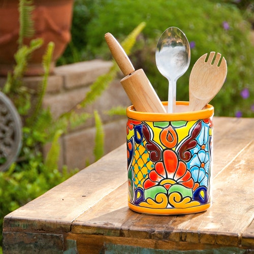 Talavera Pottery Ceramic Utensil Holder Utensil Crock Kitchen Etsy