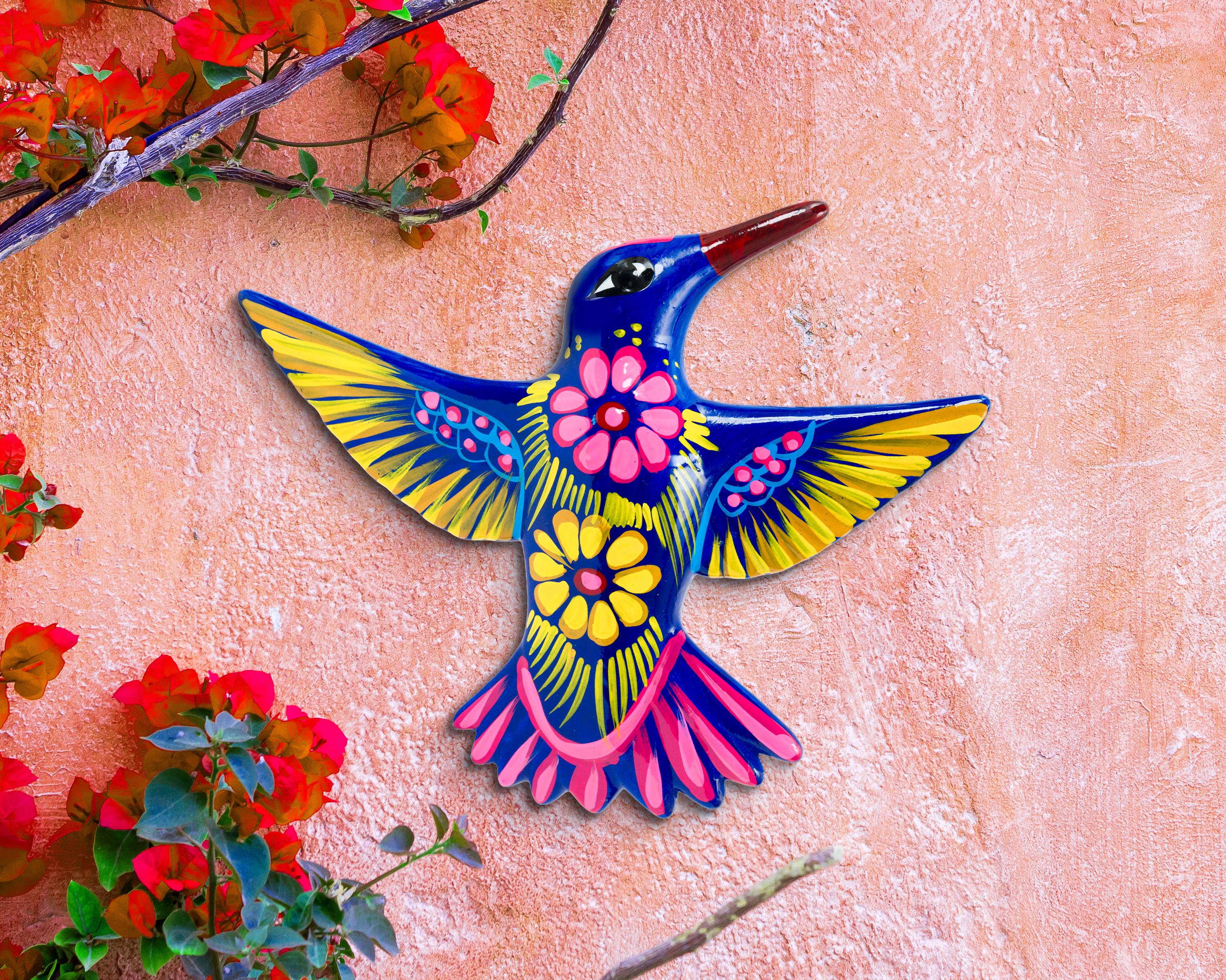 Handmade Talavera Hummingbird Wall Art: Cobalt Ceramic Mexican