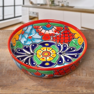 Shallow Round Ceramic Serving Bowl, 11", Red, Talavera Handmade Mexican Pottery, Colorful Spanish Moroccan Style Home and Kitchen Decor