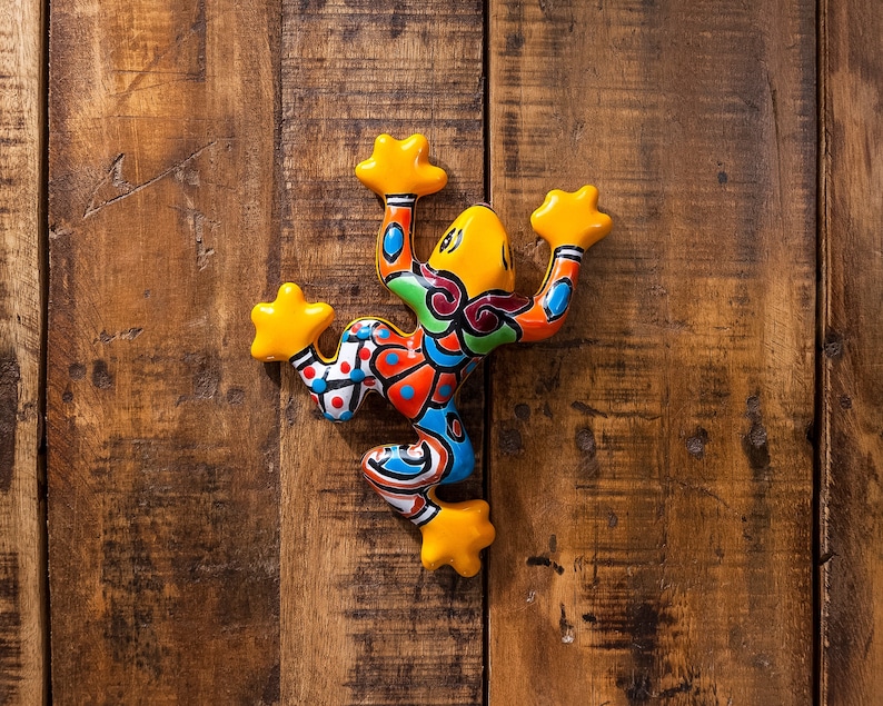 Mini Ceramic Frog, Talavera Mexican Handmade Pottery, Wall Art, Whimsical Colorful Animal Sculpture for Indoor/Outdoor Wall Decor Mexico