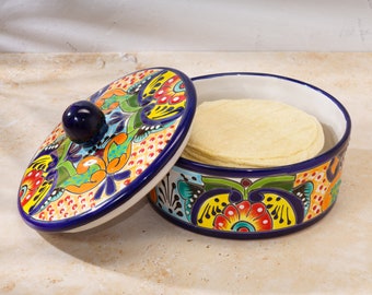 Talavera Tortilla Warmer Tortillero Pottery Hand Painted Ceramic Holder Mexican Serveware Serving Dish Bowl With Lid Multi-Color