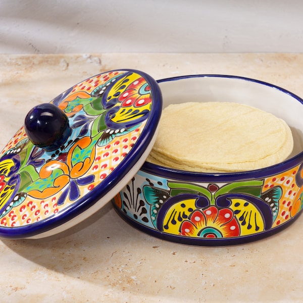 Réchaud à tortillas Talavera, poterie tortillaro, support en céramique peint à la main, vaisselle de service mexicaine, bol avec couvercle, multicolore