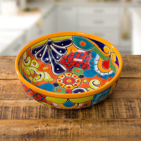 Ceramic Salad Bowl, Yellow, Talavera Handmade Mexican Pottery, Colorful Spanish Moroccan Style Home and Kitchen Decor