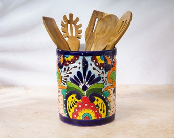Talavera Utensil Holder Crock Kitchen Decor Mexican Handmade Ceramic Handpainted Organization Spoon Rest Flower Vase Planter Pot Multi-Color