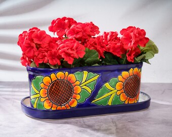 Mexican Talavera Ceramic Pottery Sunflower Planter Flower Pot Made in Mexico Handmade Indoor Pot Flower Herb Gardening Home Decor Cobalt