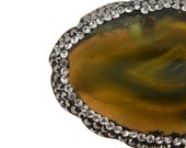 large statement white diamante surround copper tone rose gold tone base agate warm reddish brown green agate marble design centre brooch pin