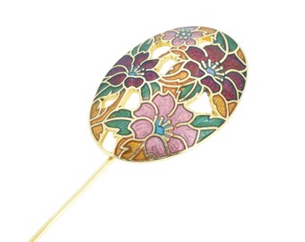 vintage 1980s art nouveau style dark red background gold butterfly diamante centre design cloisonne hatpin hat pin jacket lapel pin