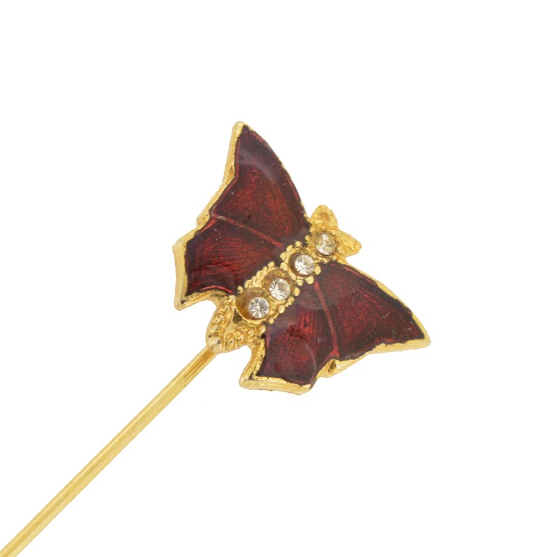 vintage 1980s art nouveau style dark red background gold butterfly diamante centre design cloisonne hatpin hat pin jacket lapel pin