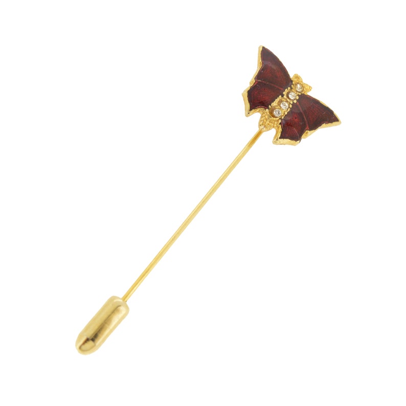 vintage 1980s art nouveau style dark red background gold butterfly diamante centre design cloisonne hatpin hat pin jacket lapel pin