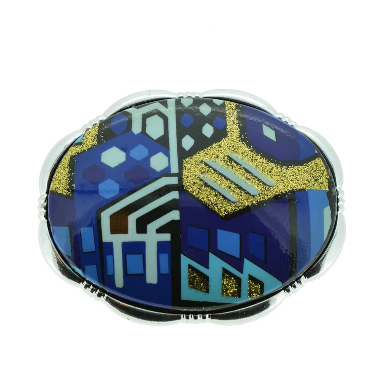vintage silver tone blue gold navajo aztec style oval abstract shapes design scarf clip ring germany quirky fun christmas xmas gift present