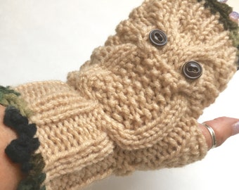 Owl Gloves, Fingerless Mittens make a great Gift for Nature Lover, Hand Knit Women's  Arm Warmers