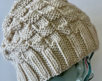 Slouchy cream, hand knit hat, will fit most adults, unisex design