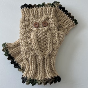 Hand Knit Owl Gloves, Fingerless Mittens, Tan Gloves, Women's Gloves, Owl Mittens, , Wrist Warmers, Texting Gloves.