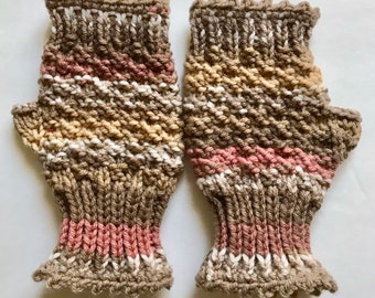 Tan Stripe Gloves, Fingerless Mitts, Mauve and Gold Gloves, Hand Knit Gloves, Arm Warmers, Texting Gloves, Colorful Hand Warmers