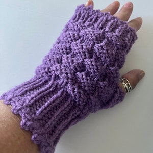 Womens Fingerless Purple Gloves, Hand Knit Warm Mittens for Winter in Basketweave Design