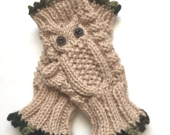 Hand Knit Owl Gloves, Fingerless Mittens, Tan Gloves, Women's Gloves, Owl Mittens, , Wrist Warmers, Texting Gloves, Made to Order