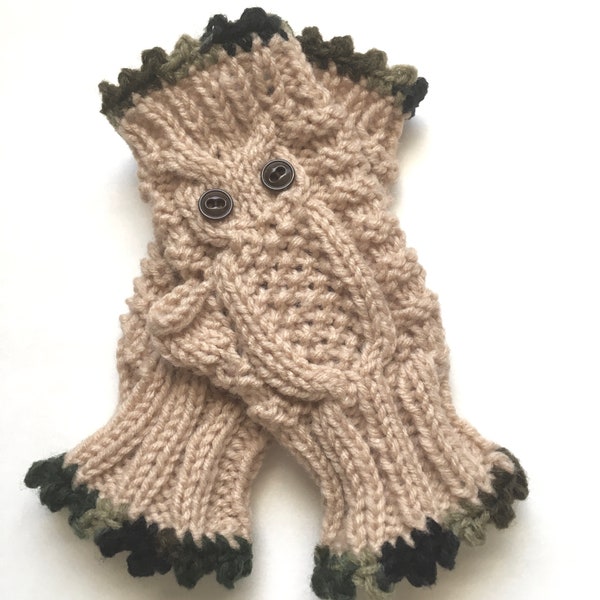 Hand Knit Owl Gloves, Fingerless Mittens, Tan Gloves, Women's Gloves, Owl Mittens, , Wrist Warmers, Texting Gloves, Made to Order