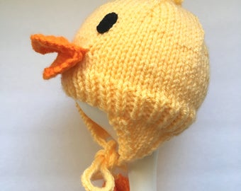 Yellow Duck Hat, Infant Cap, Hat with Ties, BabyKnit Hat, Photo Prop, Hand Made Gift, Stocking Stuffer, Unisex Baby Gift, Made to Order