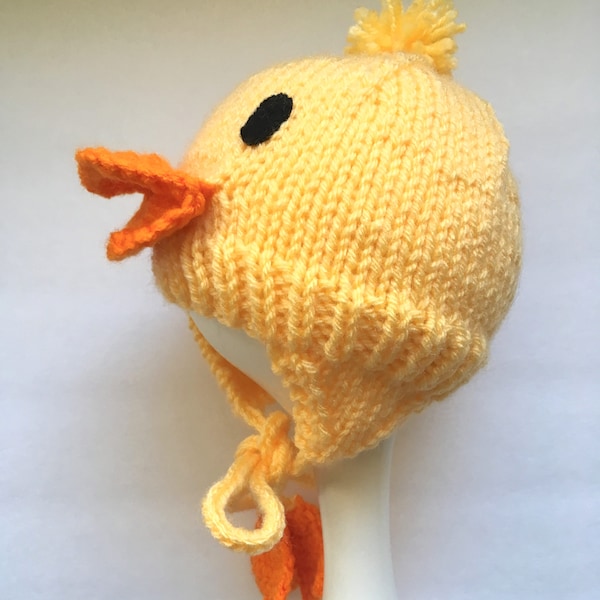 Yellow Duck Hat, Infant Cap, Hat with Ties, BabyKnit Hat, Photo Prop, Hand Made Gift, Stocking Stuffer, Unisex Baby Gift, Made to Order