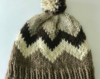 Brown and tan baby hat, hand knit unisex baby gift, chevron style knit beanie