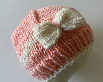 Peach Hat with Wavy Cream Stripe and Cream Bow, Cap will fit Newborn, Would make great Baby Shower Gift