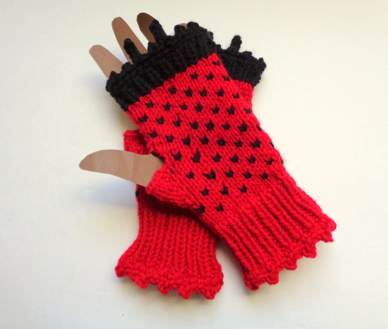 Lady Bug Fingerless Gloves Red and Black Mittens Texting Etsy