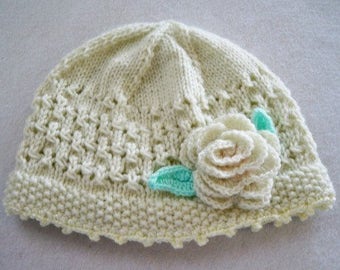 Cream Women's Hat, Lace Hat With Rose, Womens Cloche, Hand Knit Hat, Cream Lace Hat, Mothers Day Gift, Rose Flower Hat, Hand Made Gift