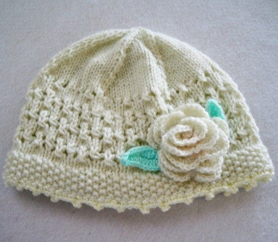 Cream Women's Hat, Lace Hat With Rose, Womens Cloche, Hand Knit