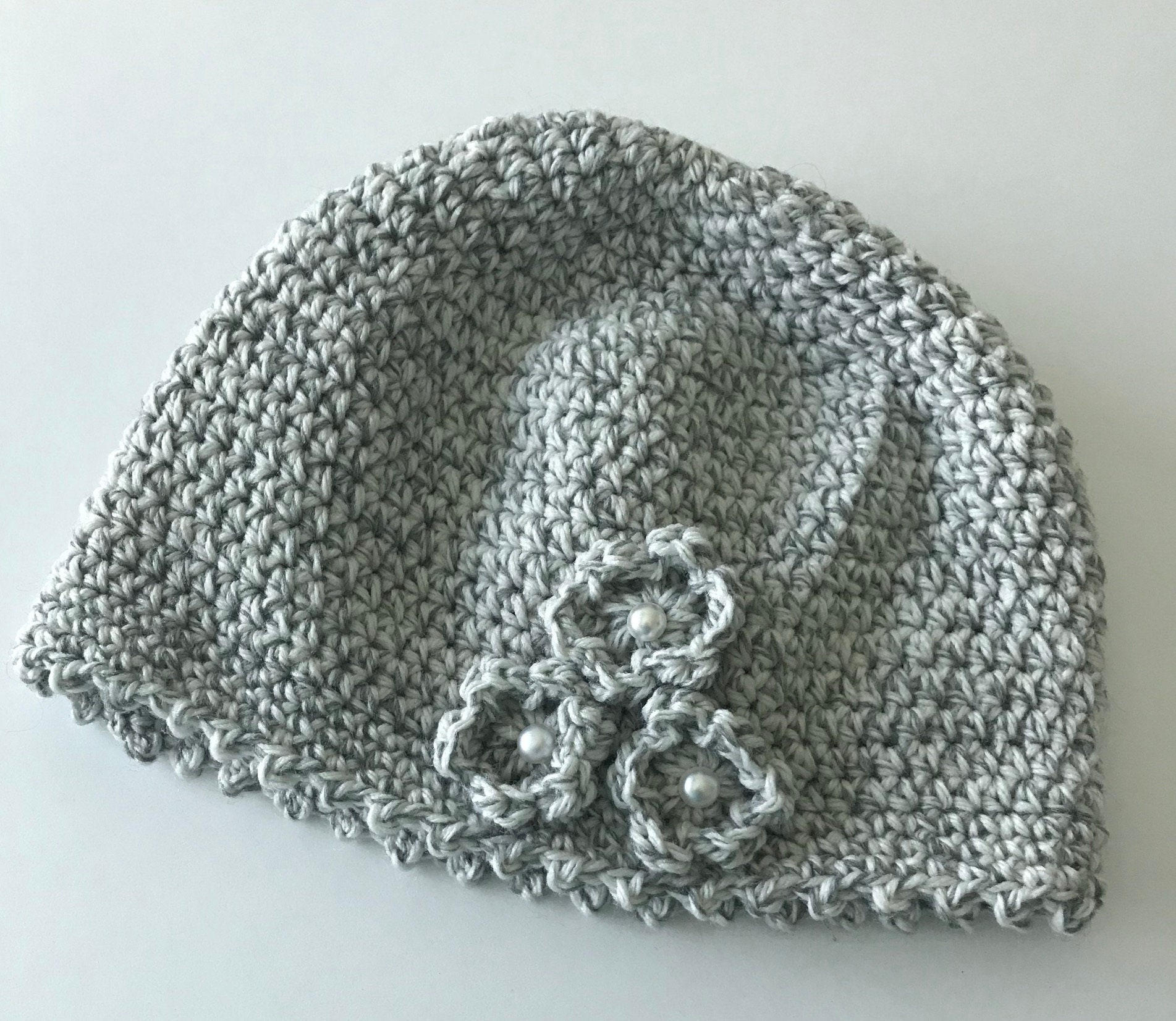 Gray Crochet Cloche Hat with Floral Accents Soft and Cozy Gray Crochet Cloche Hat With Pink Velour Rim  main image 2